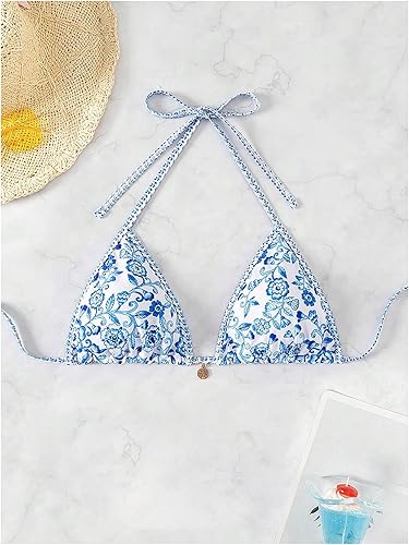 Floral Triangle Bikini Top – Halter Tie Back Swimwear Top