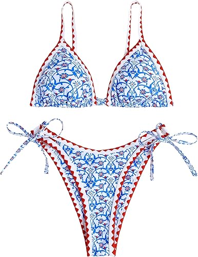 Boho Floral String Bikini – High Cut Thong Swimsuit Two Piece Set