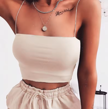 2025 Spaghetti Strap Crop Top – Sexy Bodycon Sleeveless Cami for Women